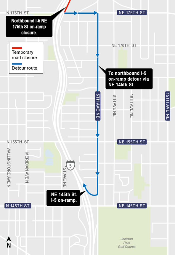 area map showing northbound I-5 on-ramp detour via northeast 145th Street on-ramp in Shoreline