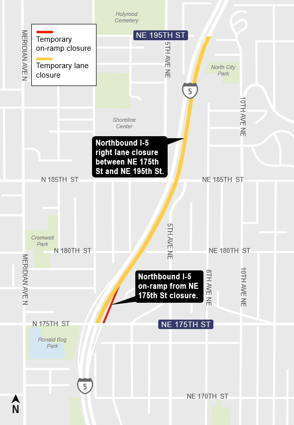 area map showing northbound I-5 right lane closure from northeast 175th Street to northeast 195th Street in Shoreline. 