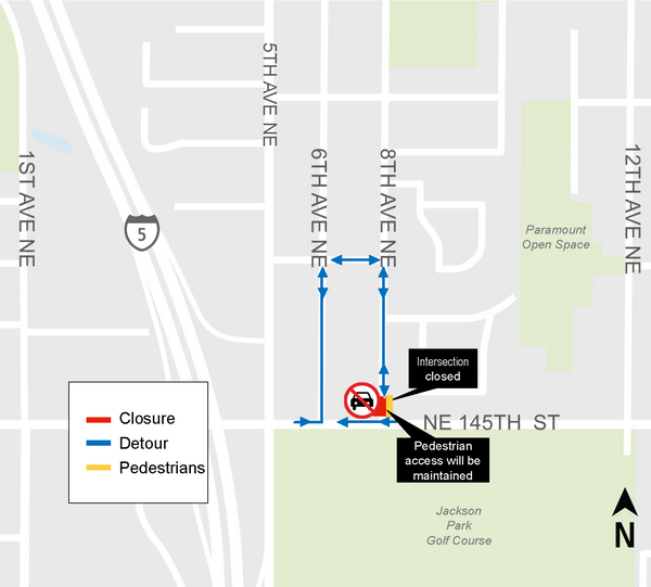 Single-day detour at the intersection of NE 145th Street and 8th Ave NE. 