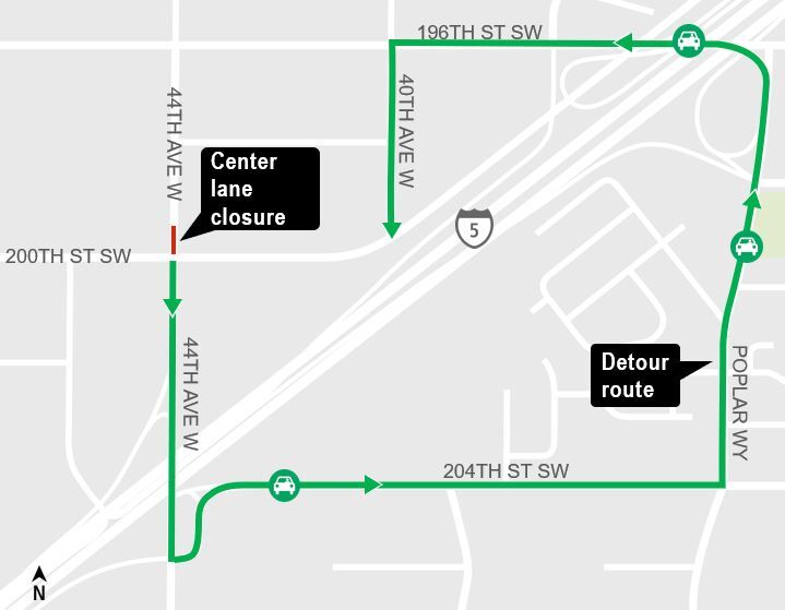 area map showing closure of center lane on northbound 44th Ave West, north of 200 street southwest and detour route for left turn lane. 