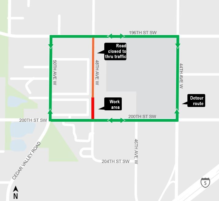 area map showing cull closure of 48th Avenue West, north of 200th St SW and the detour near Lynnwood City Center. 