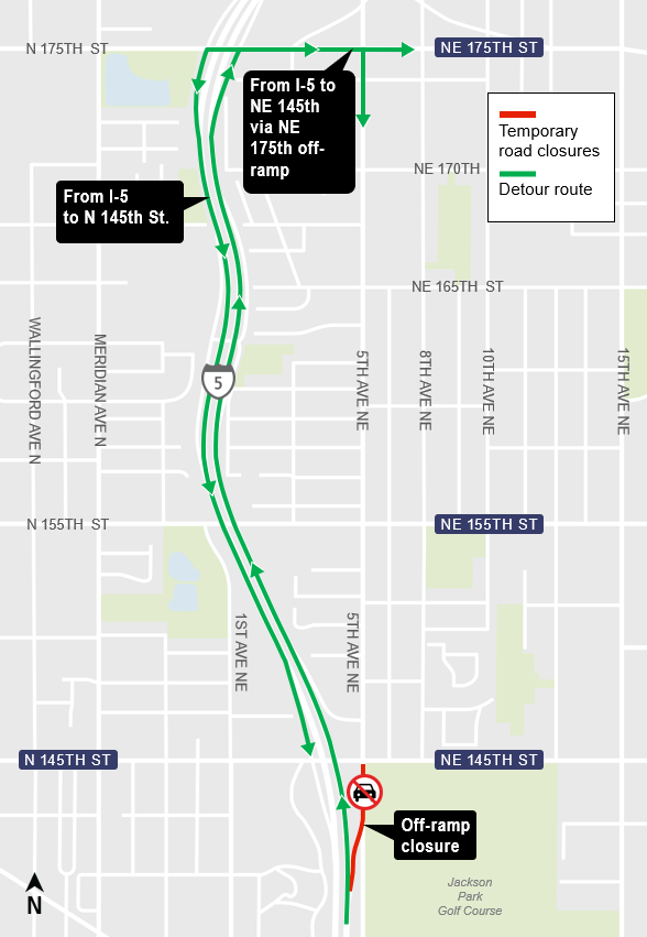 area map showing Northeast 145th Street northbound Interstate-5 off-ramp closure and detour in Shoreline 
