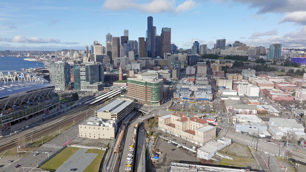 photo showing aerial view of south downtown Seattle/International District area