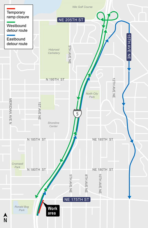 Area map showing Northbound Interstate-5 off-ramp to Northeast 175th Street closure and detour in Shoreline 