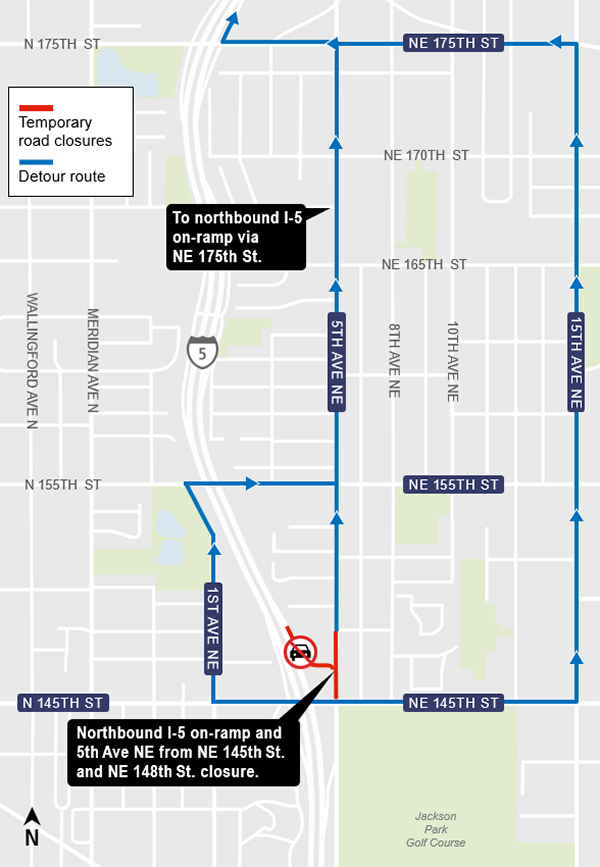 Northbound I-5 detour via NE 175th St. I-5 on-ramp in Shoreline.