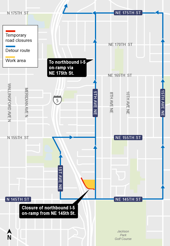 area map showing northbound I-5 on-ramp from NE 145th Street closure and detour via Northeast 175th Street I-5 on-ramp in Shoreline