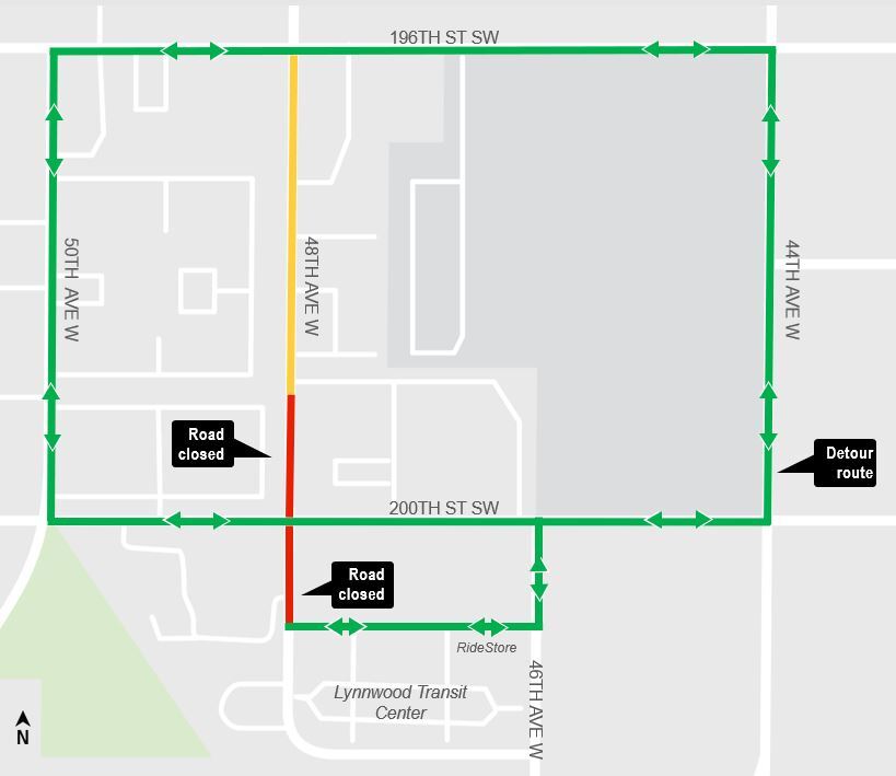 area map showing full closure of 48th Ave West and detour near Lynnwood City Center Station
