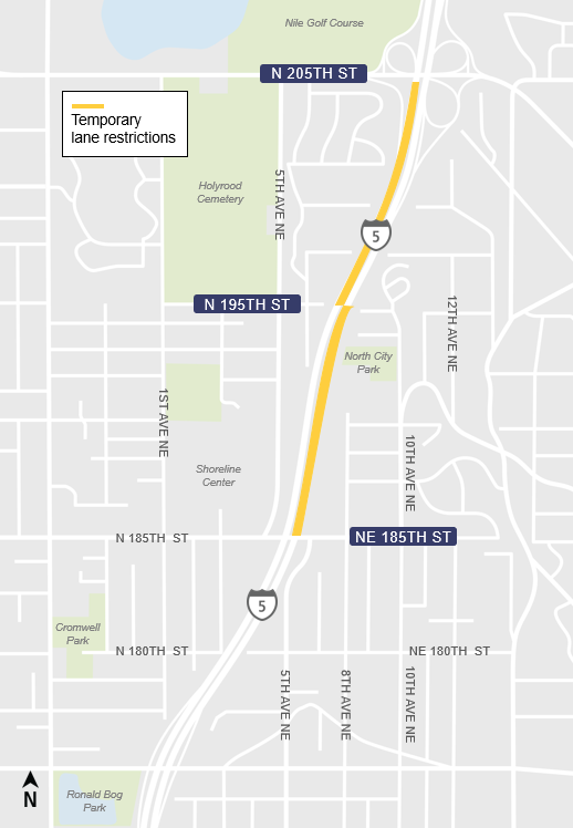 Temporary lane restrictions on I-5 between NE 185th St and NE 205th St. 