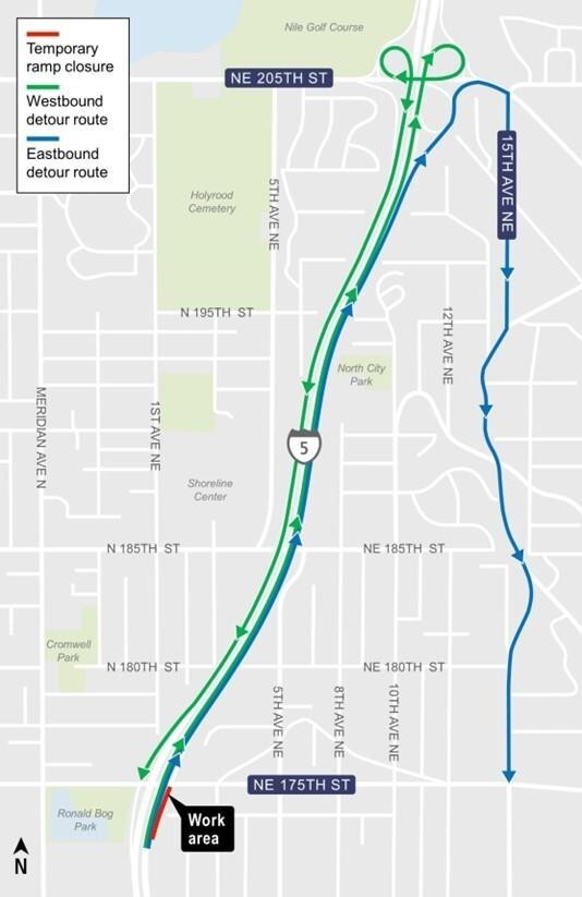 Northbound I-5 off-ramp detour via NE 205th St. 