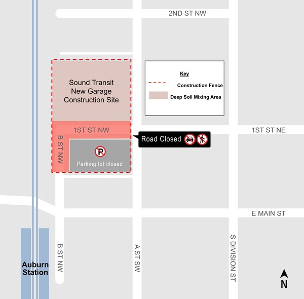 Construction site, including parking lot closure on map