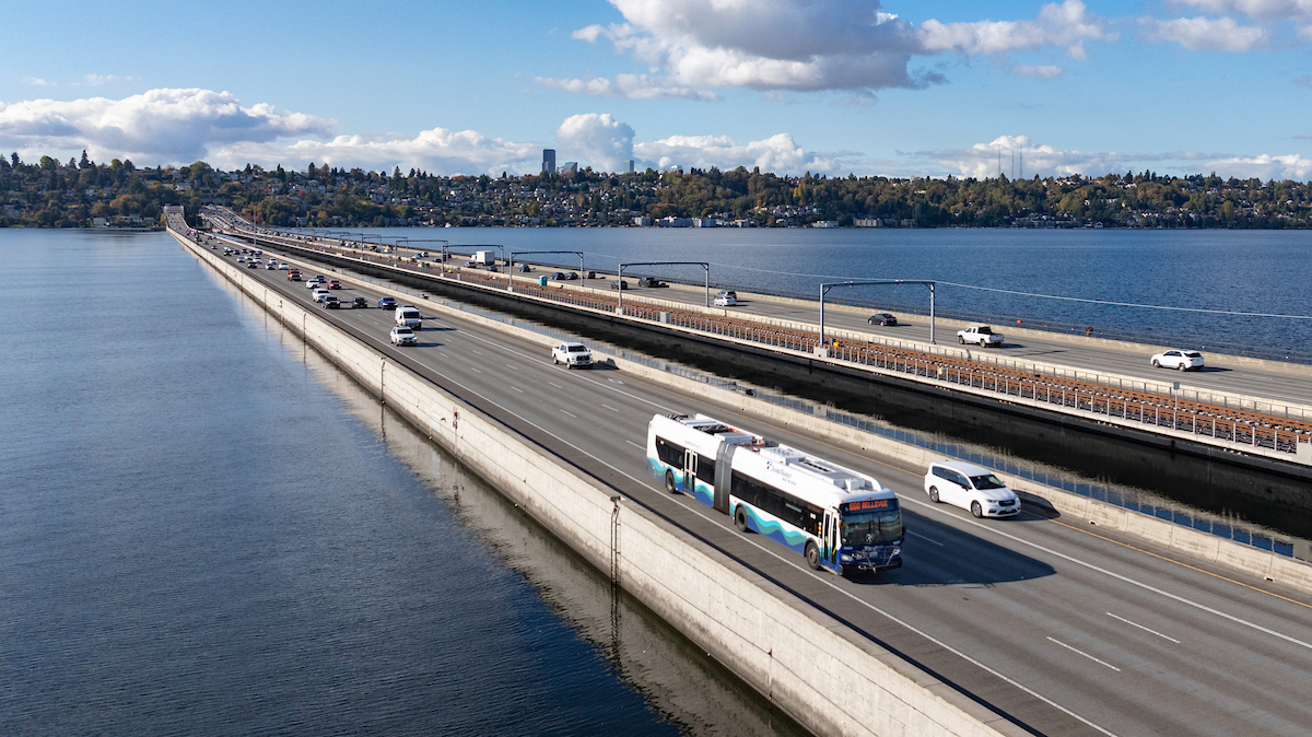 A Sound Transit bus crosses Lake Washington en route to Bellevue