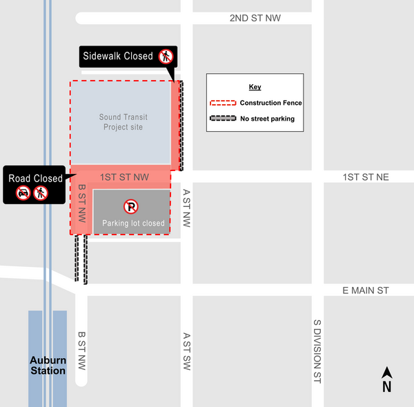 Map of sidewalk and street parking closure along A St NW