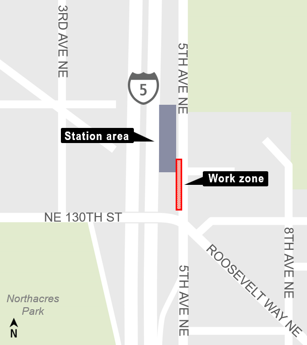 Map indicating the work zone of operating cranes next to Pinehurst Station.