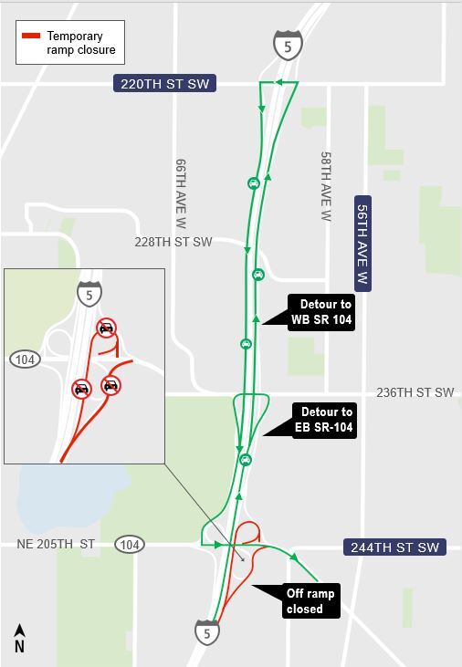 Map indicating I-5 off ramp closures and corresponding detours.
