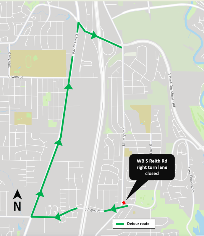 Map of Reith Rd closure and detour route.
