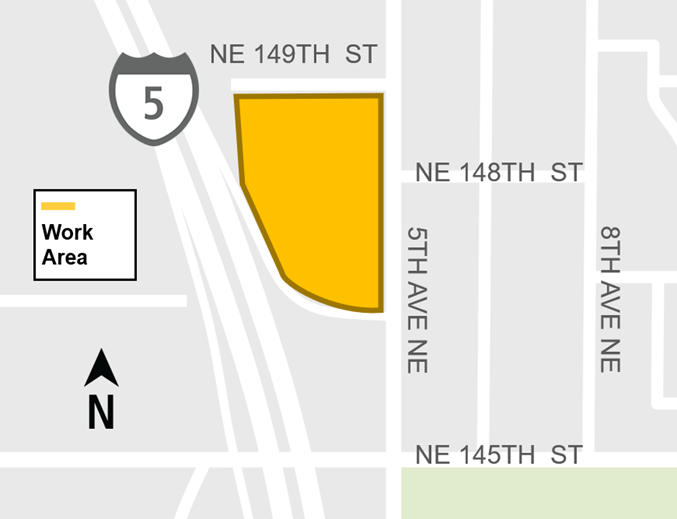Map of work area which is contained between NE 149th St and 5th Ave NE and the I-5 freeway ramp connected to 5th Ave NE