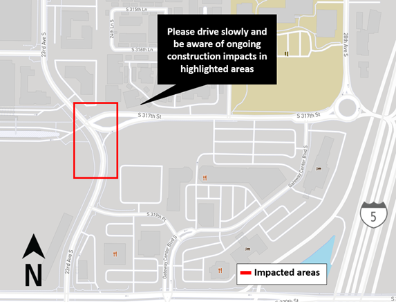 The construction area is around the 23rd Ave S and S 317th St intersection near the Federal Way Transit Center.