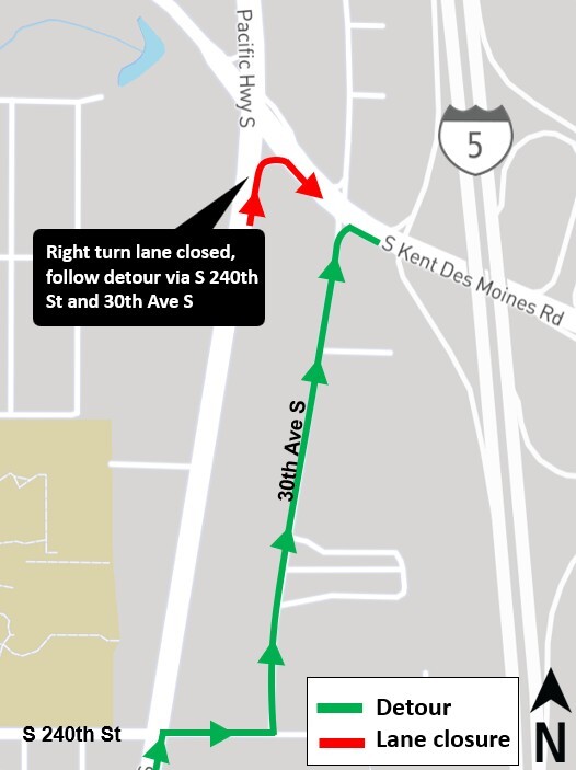 Map of right turn lane closure. Read "What", "When", and "Where" headings for more.