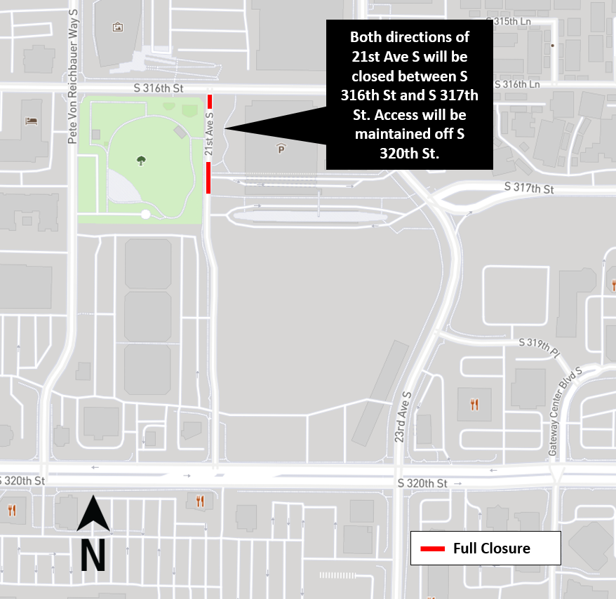 Map of closure of 21st Ave S. Read "What", "When", "Where", and "More" headings for more information.