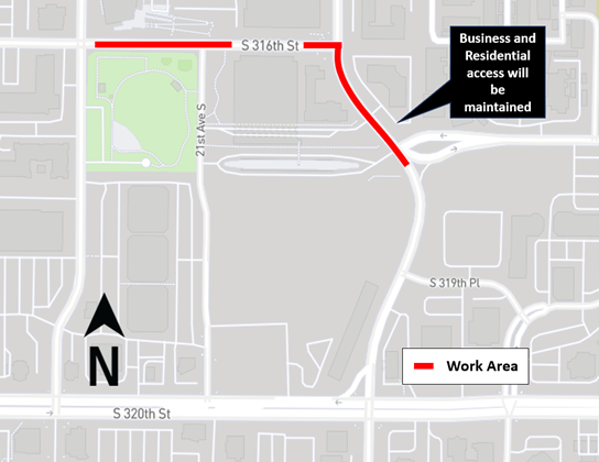 Map of S 316th St and 23rd closure. Read headings "What", "When", "Where", and "More" for more information.