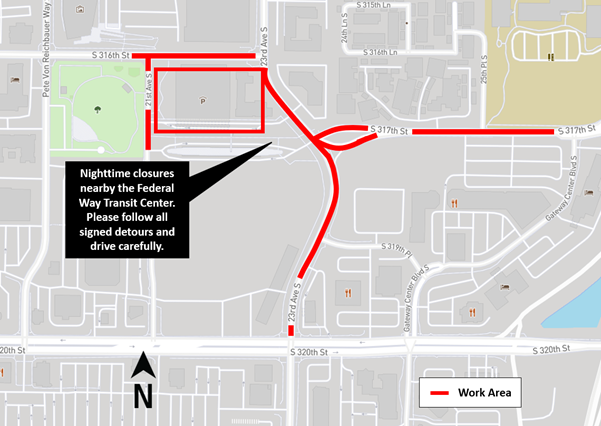 Map of closures and detours. Read headings "What", "When", "Where", and "More" for more information. 