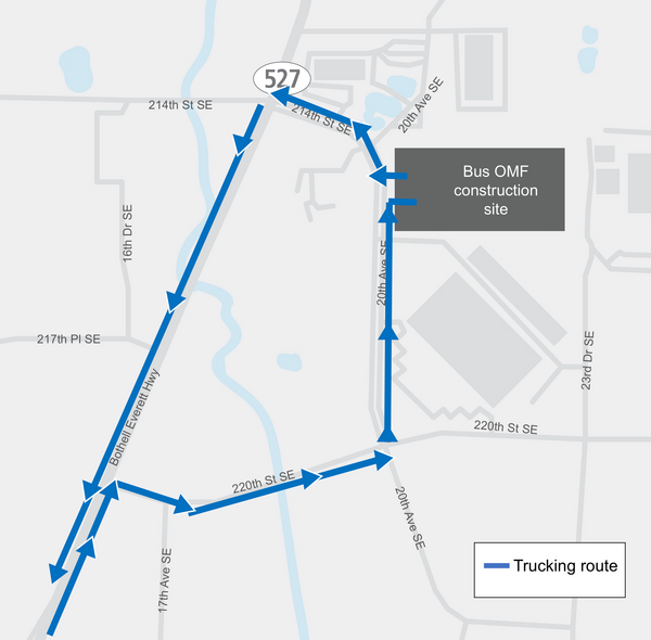 Map of trucking route around the Bus Operations and Maintenance Facility. Read "What", "When", "Where", "More" for more info.