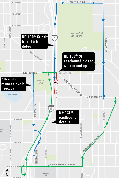 Map of detour. Read "What", "When", "Where", and "More" headings for more information.