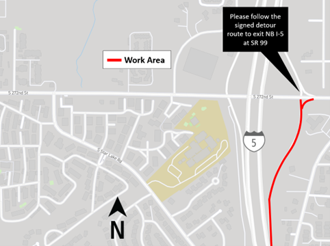 Map depicting 1-5 off-ramp closure