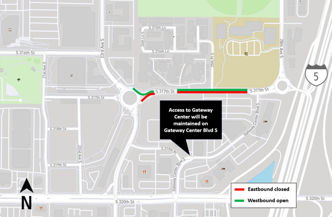Map of the closure with a dialogue box stating access to Gateway Center will be maintained on Gateway Center Blvd S