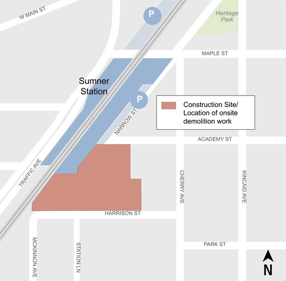 Map of construction site and the location of the demolition work.