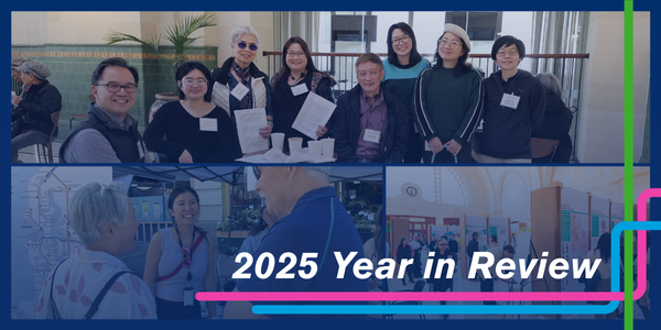 A photo with people smiling wearing name tags and holding up papers as well as other photos of people chatting.