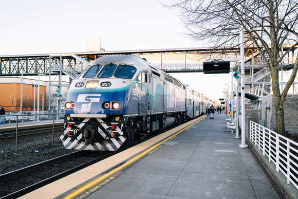 A Sounder heavy rail commuter train arrives at Kent Station.