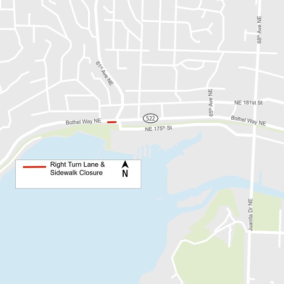 Right-turn lane and sidewalk closure at the eastbound intersection of SR-522 and 61st Ave NE.