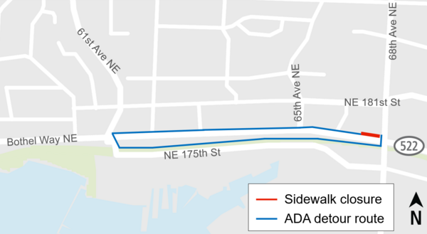 Map of sidewalk closure and ADA detour route. 