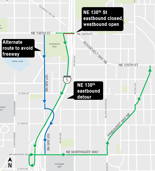 Detour for eastbound NE 130th St