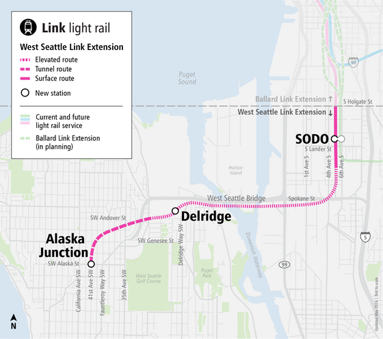 Map of West Seattle Link Extension including Delridge and Alaska Junction Station
