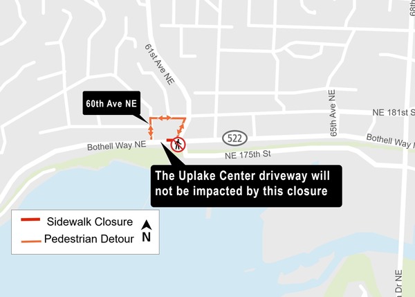 Map of sidewalk closure and pedestrian detour