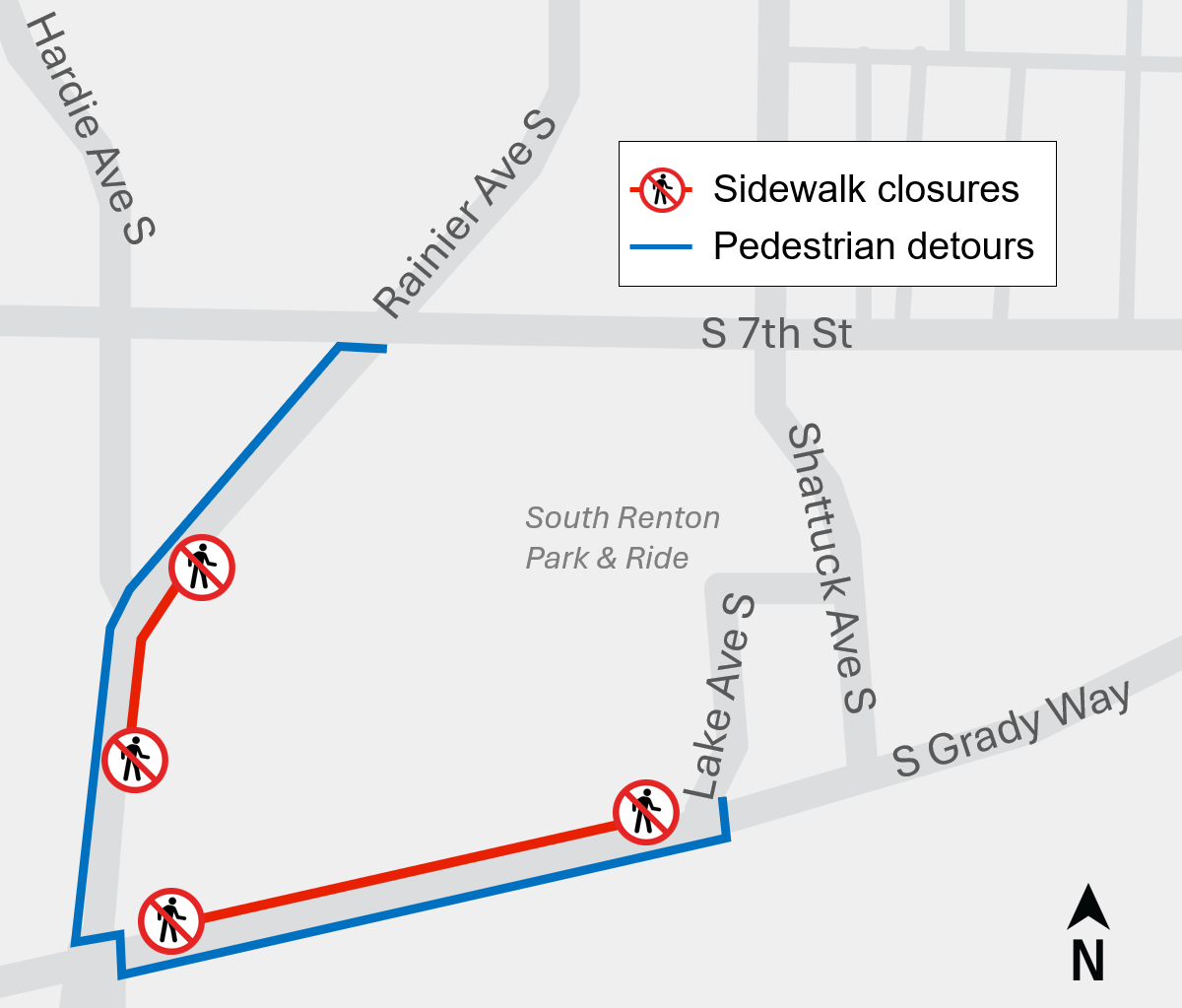 Map of sidewalk closures and pedestrian detours