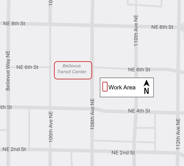 Map showing the Bellevue Transit Center work zone. The work zone includes the bus bays at the Bellevue Transit Center.
