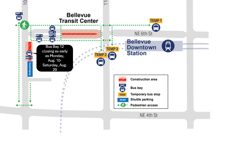 Map detailing temporary bus stops