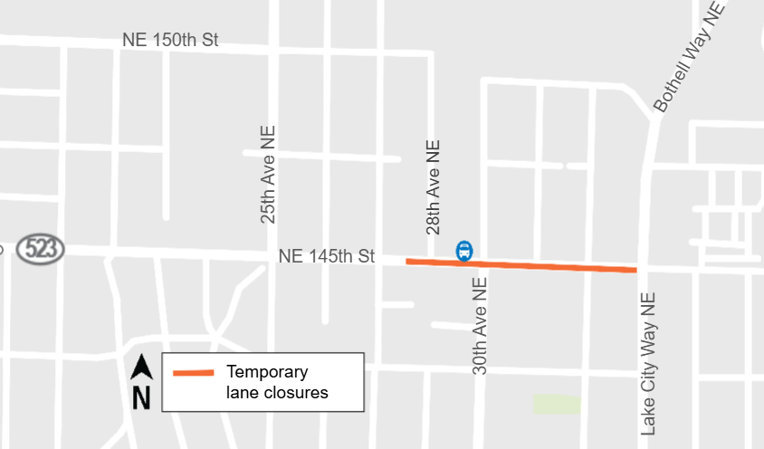 Periodic lane closures along NE 145th St between Bothell Way NE and 28th Ave NE.  