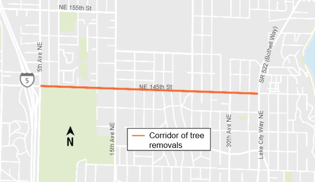 General map of where trees will be removed along the NE 145th St corridor between SR 522 and I-5. 