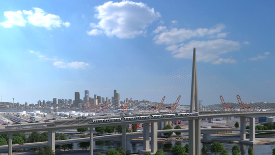 Rendering of train on bridge along 3 Line alignment