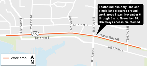 Map showing the work area where lanes will be closed from 6 p.m. November 6 through 6 a.m. November 16.