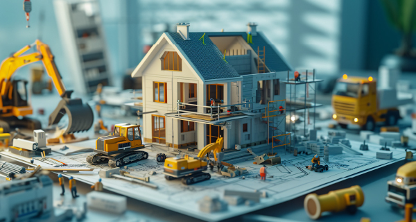 Building being constructed by workers