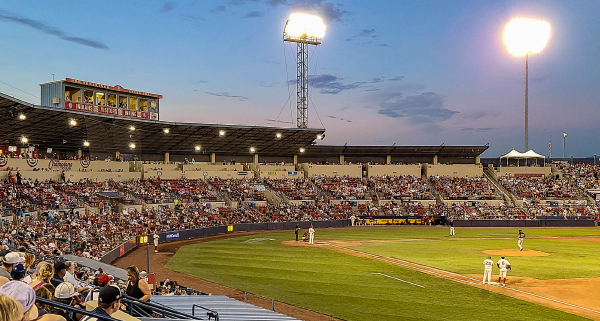 View of baseball stands at a Spokane Indians baseball game in the evening