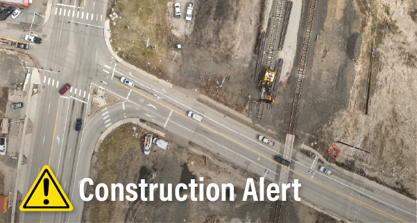 An aerial view of the Pines BNSF construction with an alert icon next to words "Construction Alert".
