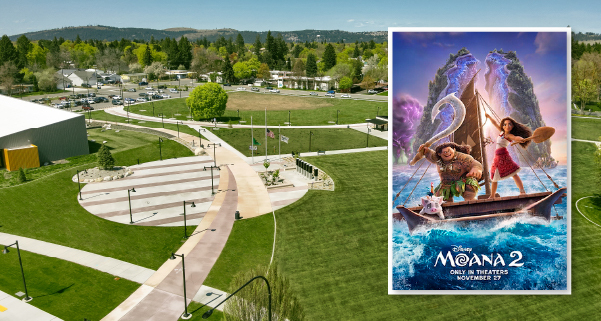 An aerial view of Balfour Park with a cover of Moana 2 overlaid on it.