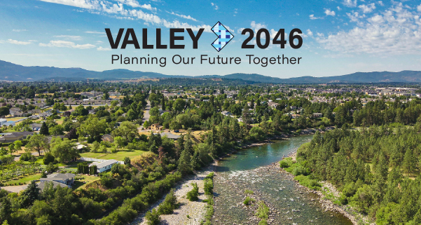 An aerial view of Spokane River with Spokane Valley in the distance and the "Valley 2046" logo.