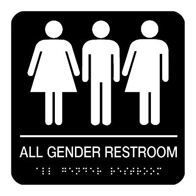 image of sign for all gender restroom bathroom with braille